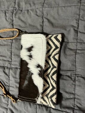Myra Bag Black, White & Brown Haircalf Chevron Wristlet